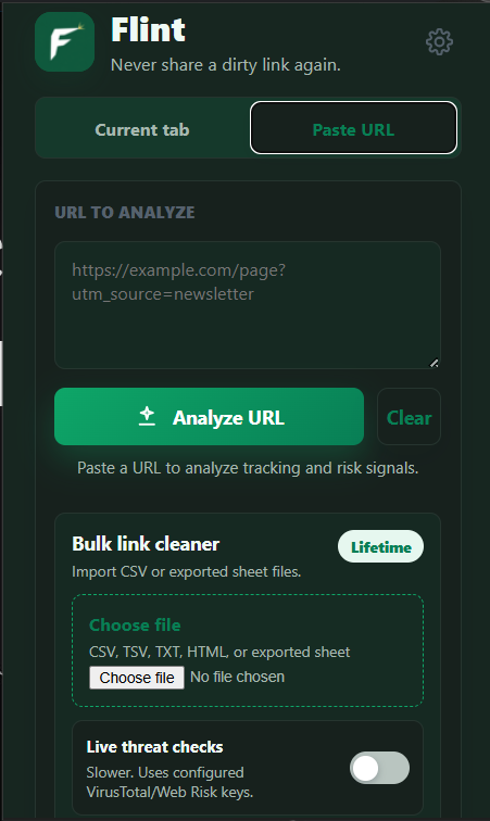 Flint paste URL analyze and bulk link cleaner
