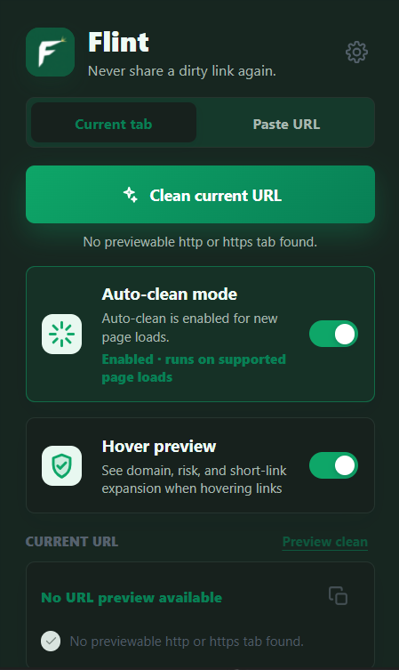 Flint popup showing clean current URL, auto-clean, and hover preview