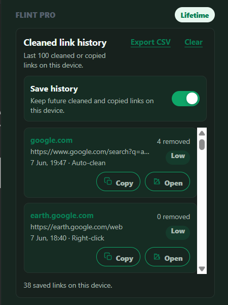 Flint Pro cleaned link history with export and saved links
